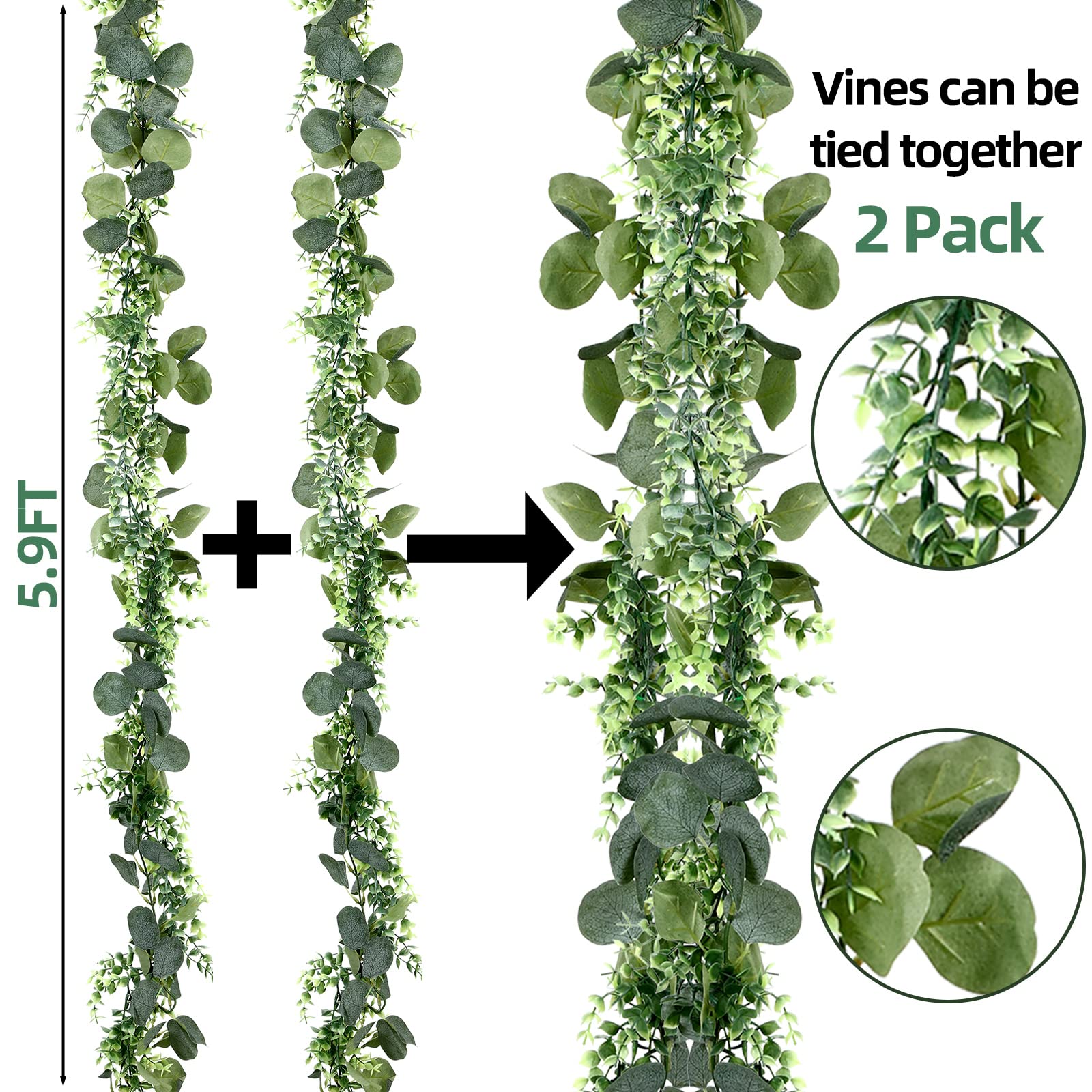 FEQO 人工ユーカリガーランド 6個 フェイクユーカリストランド 6フィート ユーカリの葉 グリーンガーランド ウェディングパーティー ディナーホーム用 グリ