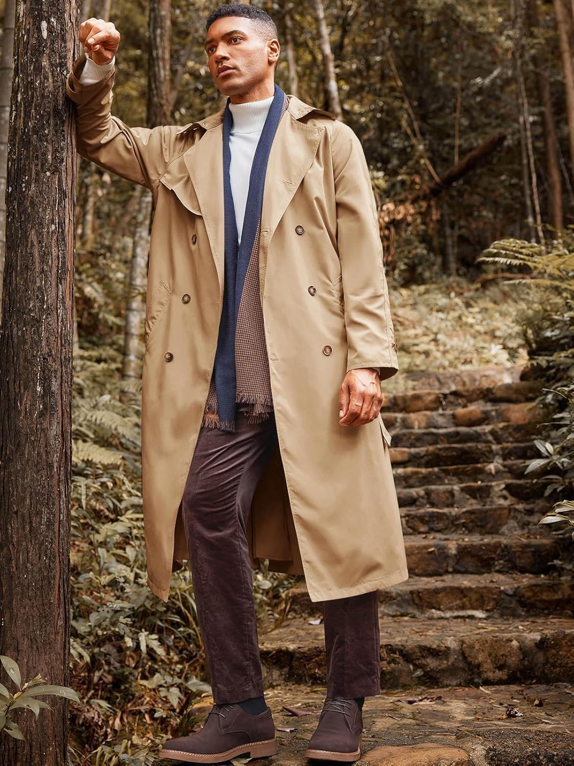 Runcati Mens Trench Coat Double Breasted Belted Windbreaker Jackets Lapel Lightweight Long Jacket Casual Overcoat - Image 2