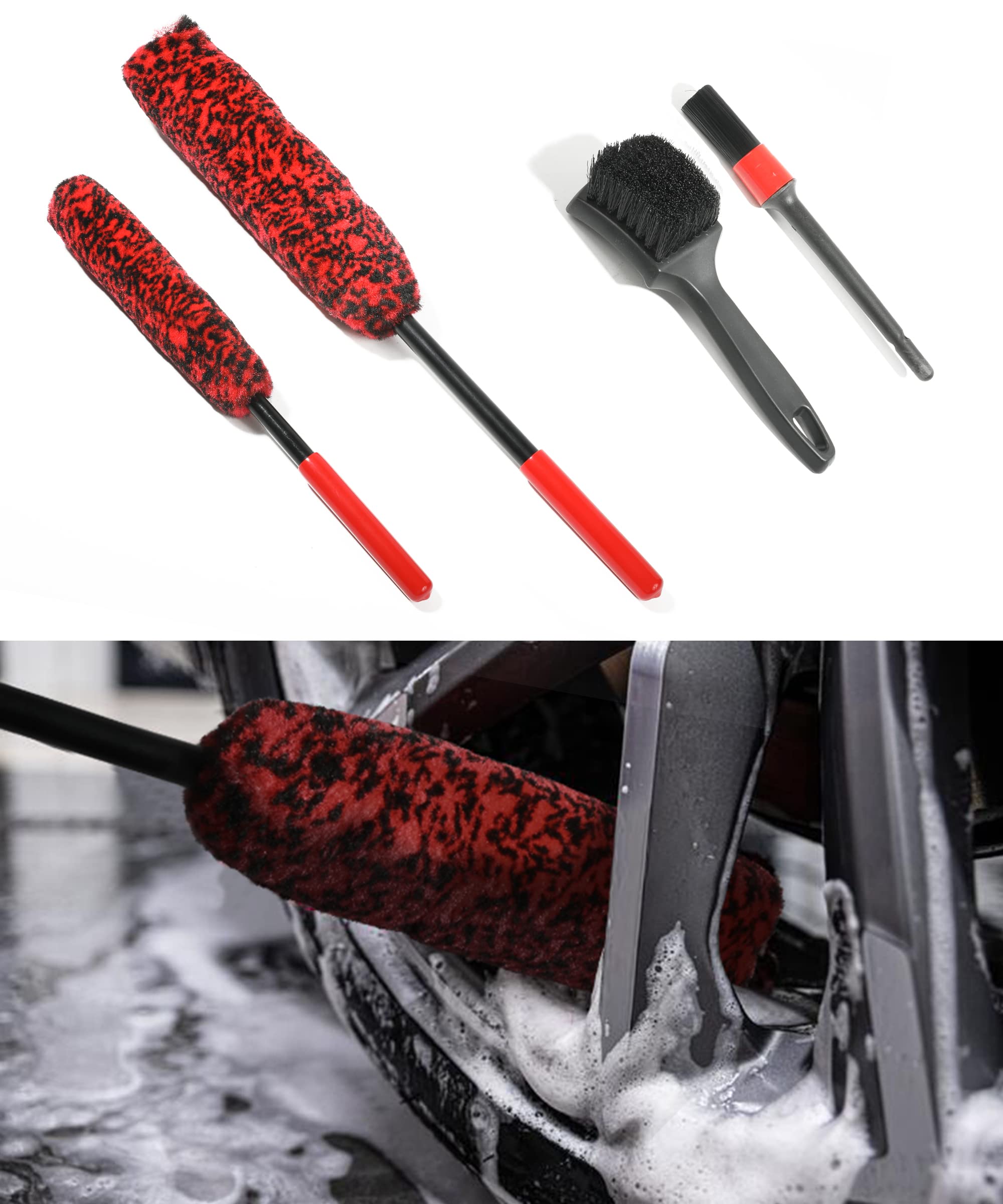 4 Pack Car Detailing Brushes,Car Wheel Brush Set, Car Cleaning Brush Kit Include 2X Soft Wheel Cleaning Brush,Detailing Brush and Stiff Tire Brush,Wheel Cleaner Brush