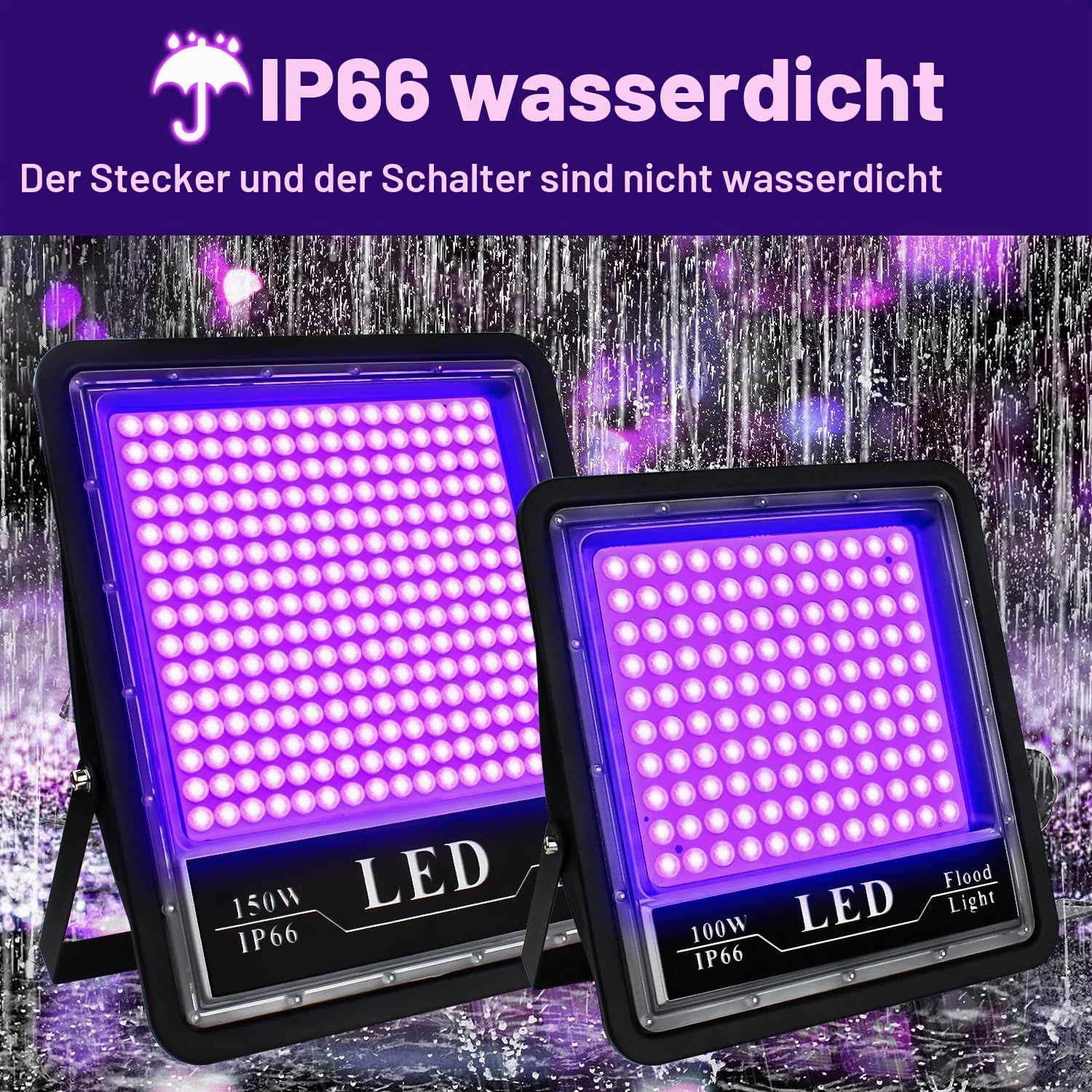 Eleganted 2pcs 150W LED UV Schwarzlicht Violettes LED Strahler Flutlicht Partylicht Bühnendekoration Licht, IP66 Wasserdicht Schwarzlichtlampe für Halloween Aquarium Konzert Party Band Leistung