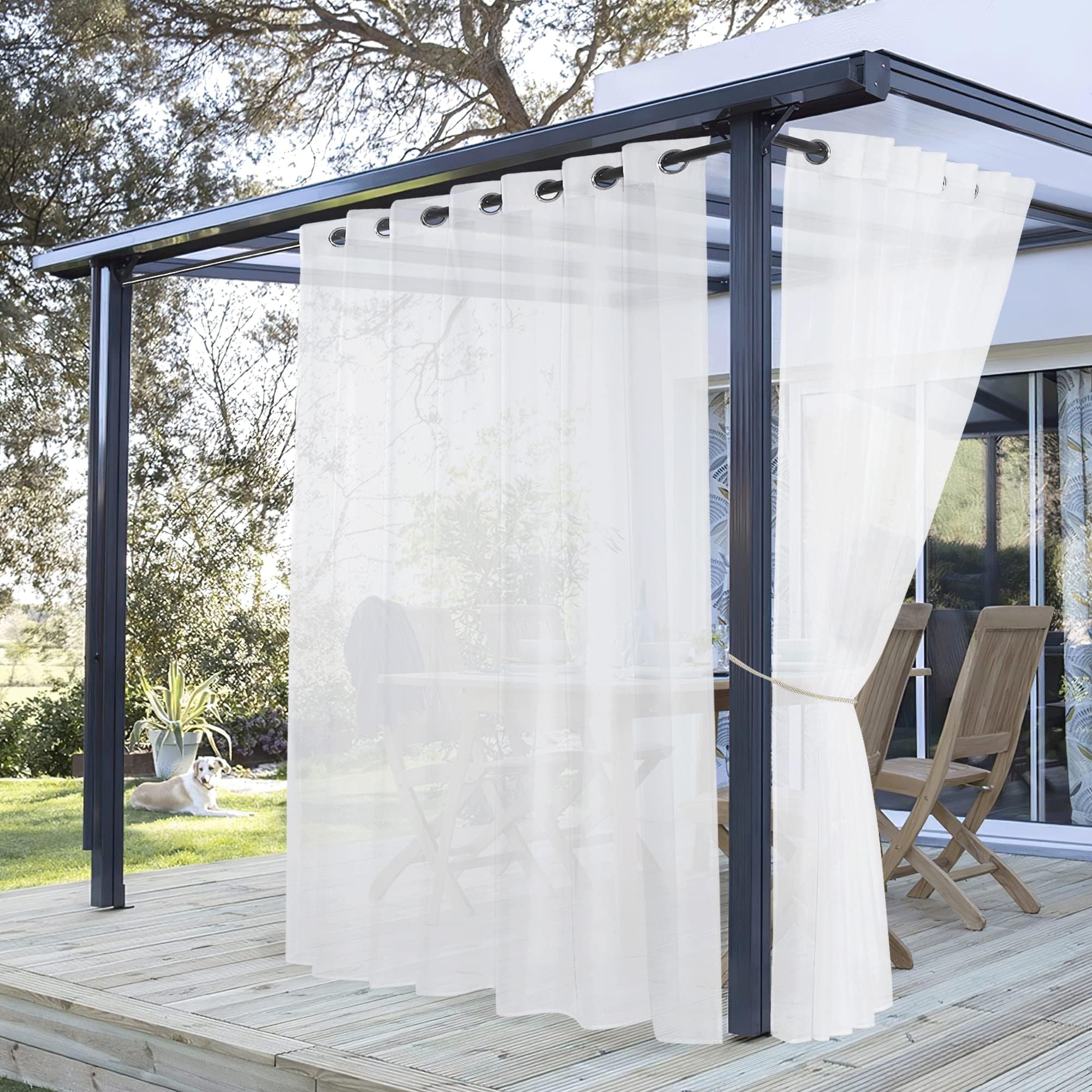LIVEINU Outdoor gordijnen, buitengordijn, tuinverduistering, buitengordijnen, ondoorzichtig, winddicht, waterafstotend, bescherming tegen inkijk, uv-bescherming, 1 stuk, 264 x 183 cm (B x H) wit