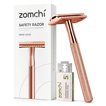 ZOMCHI Double Edge Safety Razor for Men & Women, Rose Gold | Includes 5 Replacement Blades, Textured Grip, Easy Blade Change, Washable Design, Balanced Feel For Daily Grooming