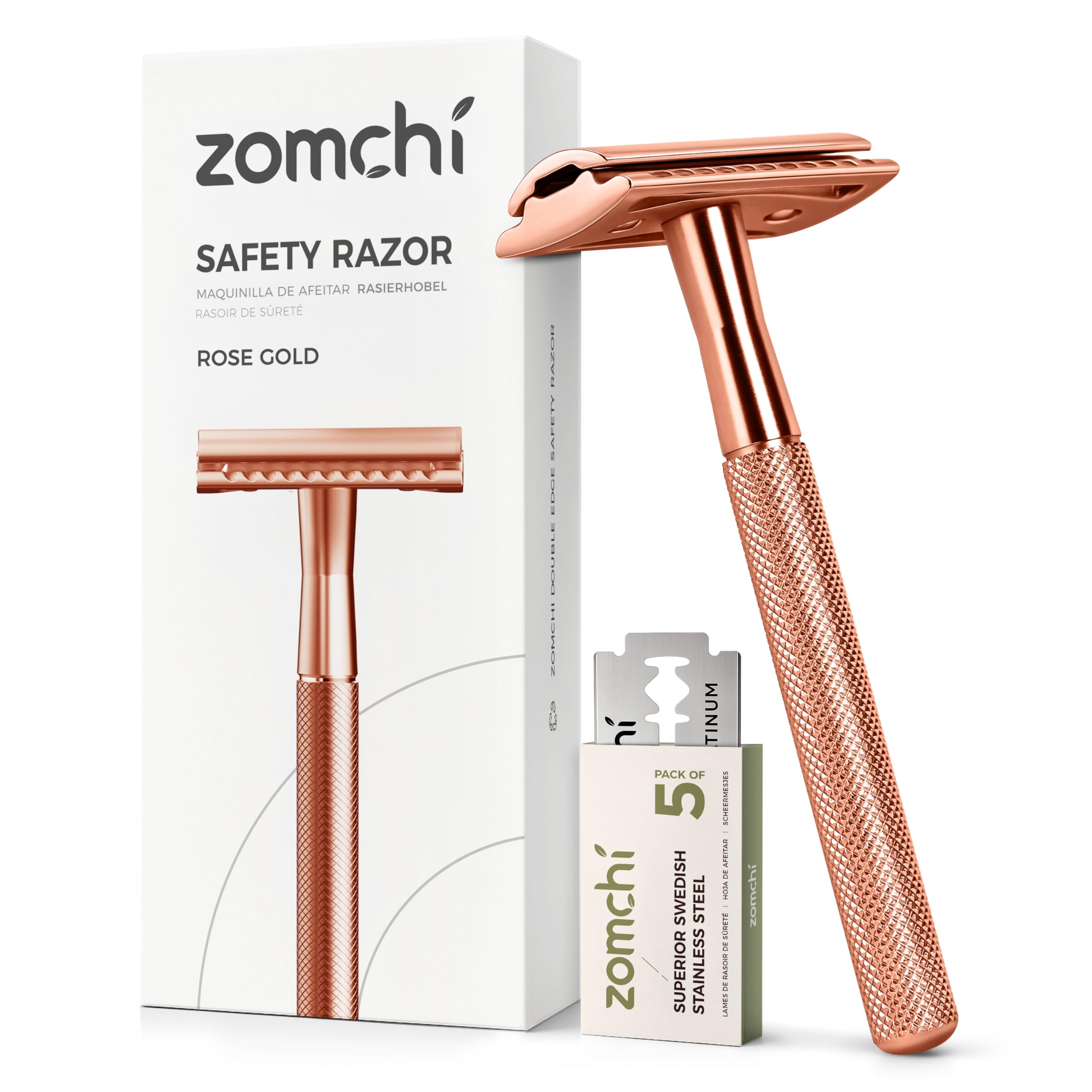 Safety Razor for Men&Women with 5 Double Edge Safety Razor Blades, Double Edge Razor, Reusable Razor, Plastic Free – Rose Gold