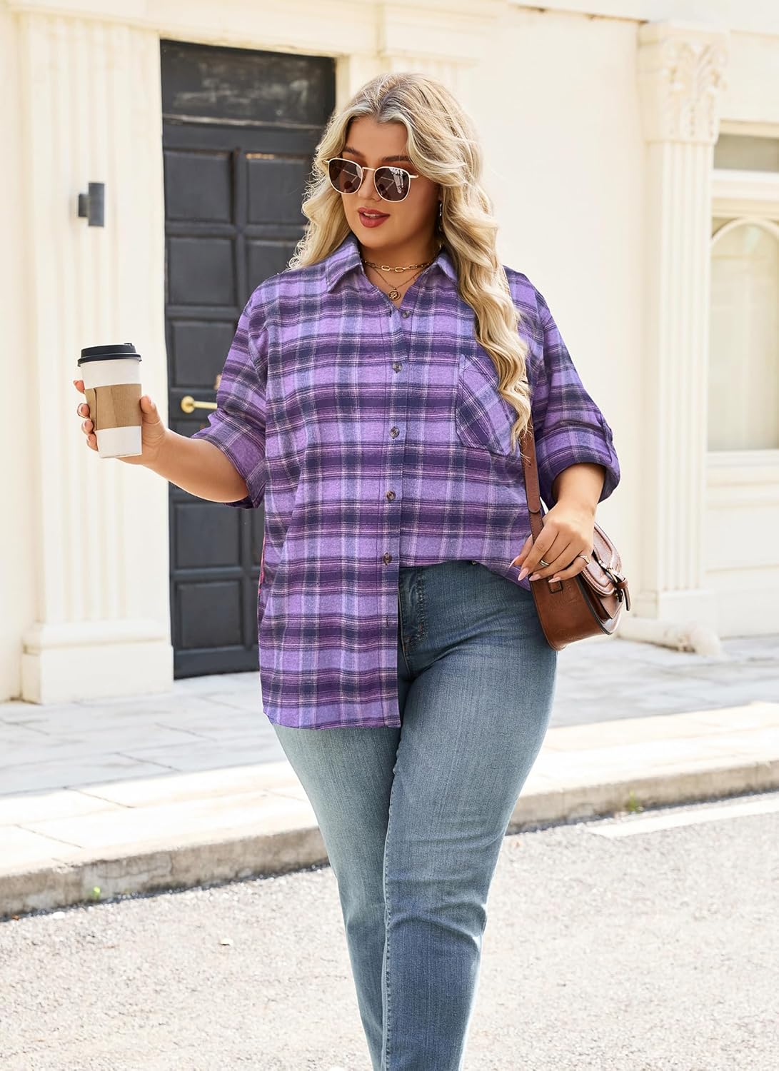 Womens Plaid Shirts Plus Size Soft Long Sleeve Button Down Flannel Shirt Roll Up Oversize Checkered Blouse Top - Image 7