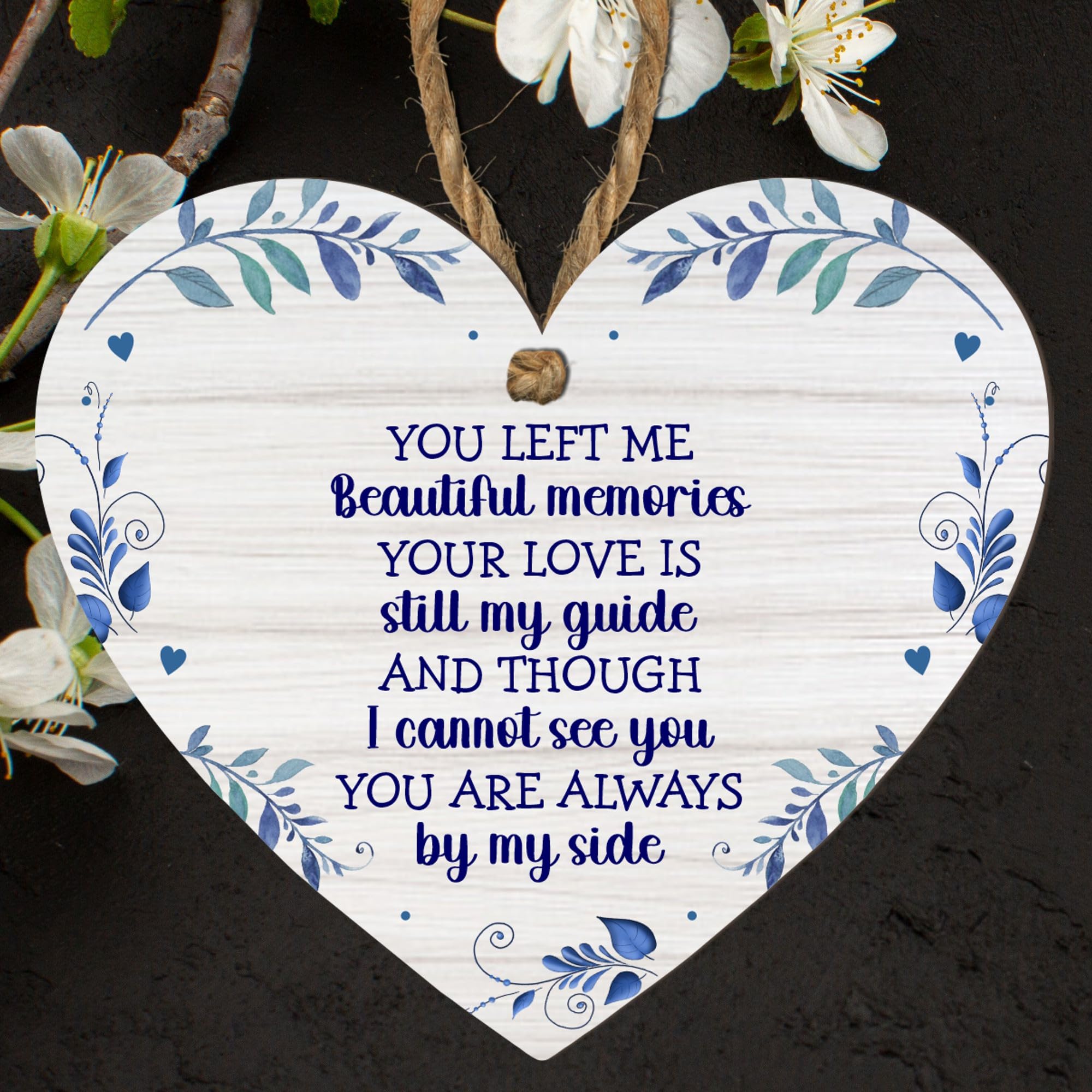 Handmade Wooden Heart Plaque - "You Left Me Beautiful Memories" - Memorial Hanging Decoration with Twine String - Thoughtful Bereavement Gift (Medium: 15 cm (H) × 13 cm (W))
