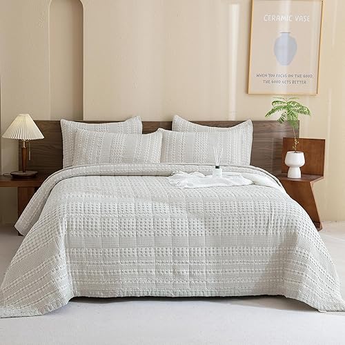 Miniatura 8 de Sanracie Colcha de algodón de gran tamaño King (128 x 120 pulgadas), juego de edredón caqui de punto gofre, juego de ropa de cama de 3 piezas,