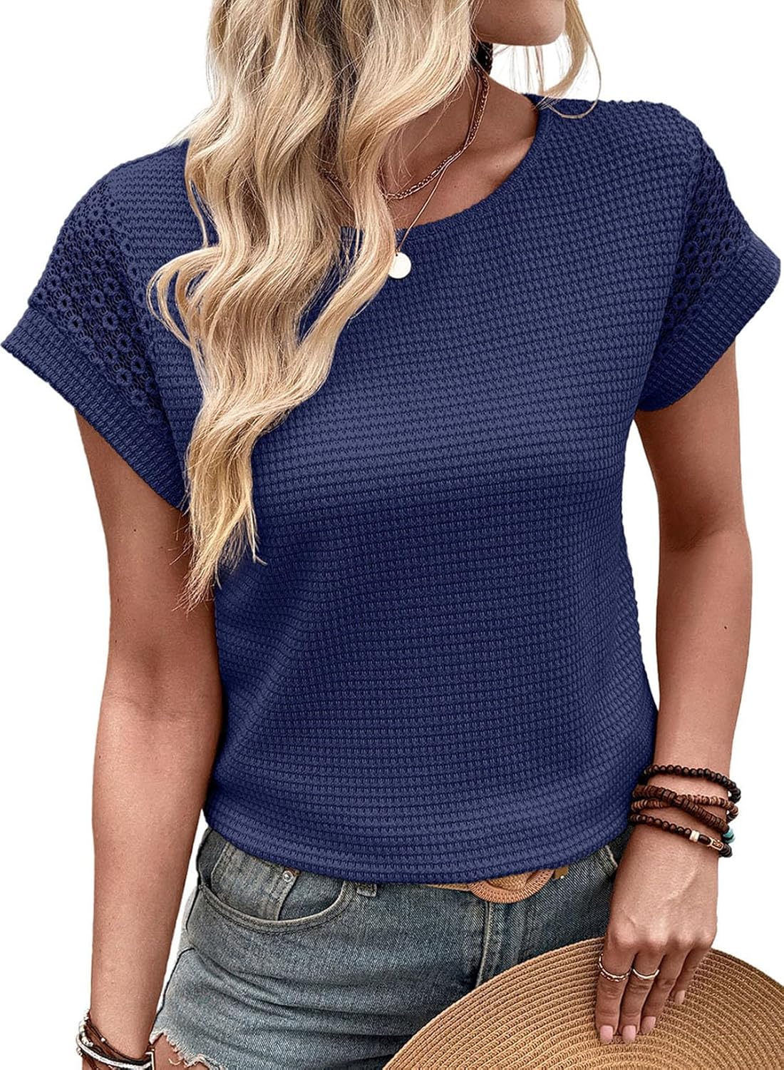 Dokotoo Womens Summer Tops 2026 Waffle Knit Lace Hollow Out Short Sleeve T-Shirts Crewneck Casual Loose Basic Tee Blouses