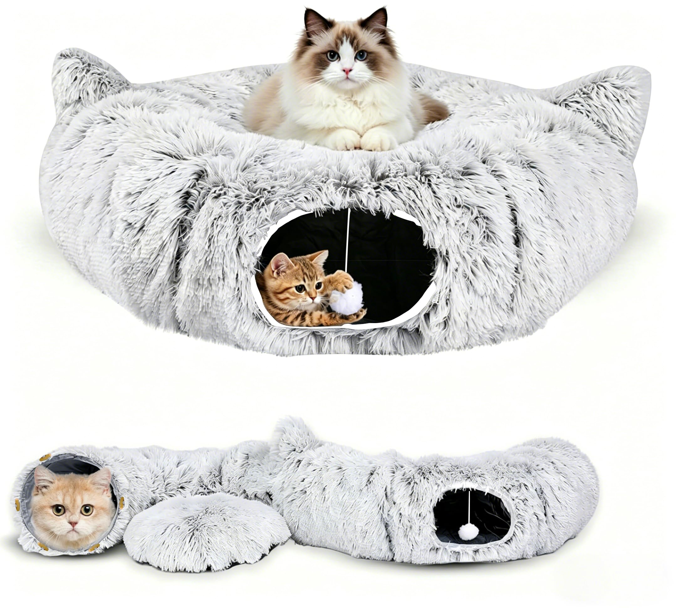 Dog Bed&Cat Bed with Cat Tunnel, Peekaboo Pet Cave Cat Tunnels for Indoor Cats, Donut Tunnel for Small Large Cats with Fluffy Toy Balls, Foldable Pet Bed with Central Washable Cushion for Puppy Kitty