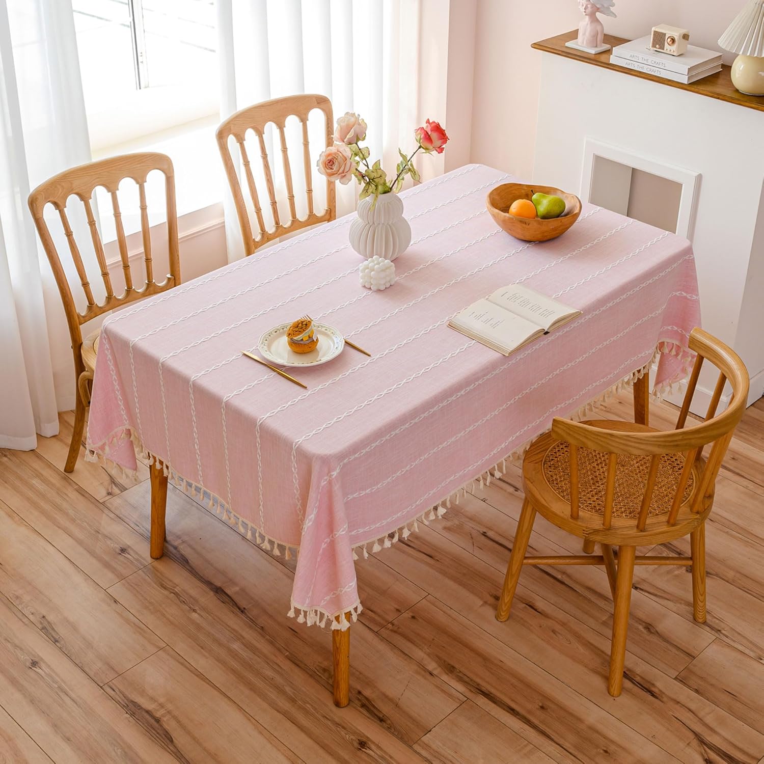 Pink Linen Table Cloth for Rectangle Table Burlap Tablecloth with Tassel Kitchen Dining Room Water Resistant Table Cloths 140x260 Inch