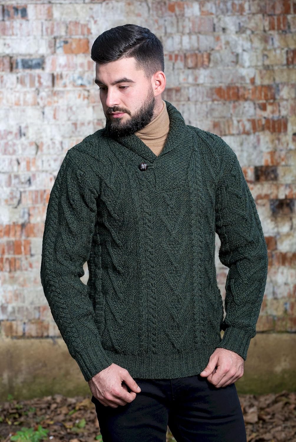 100% Merino Wool Men's Shawl Collar Single Button Irish Cable Knit Sweater Knitwear with Pockets - Image 9