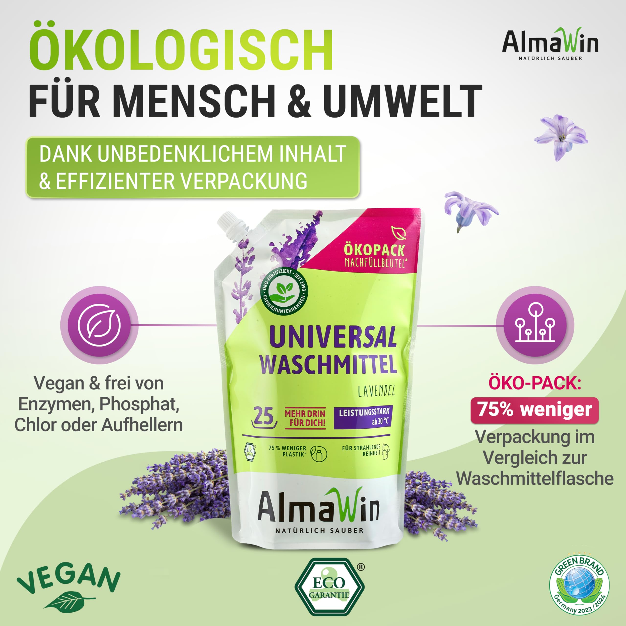 AlmaWin® Universal Waschmittel Flüssig [2x 1,5L - 50 Ladungen] mit Lavendelduft - Flüssigwaschmittel sauber ab 30°C - Waschmittel für Weißes & Buntes im Öko-Pack Nachfüllbeutel - Öko & VEGAN