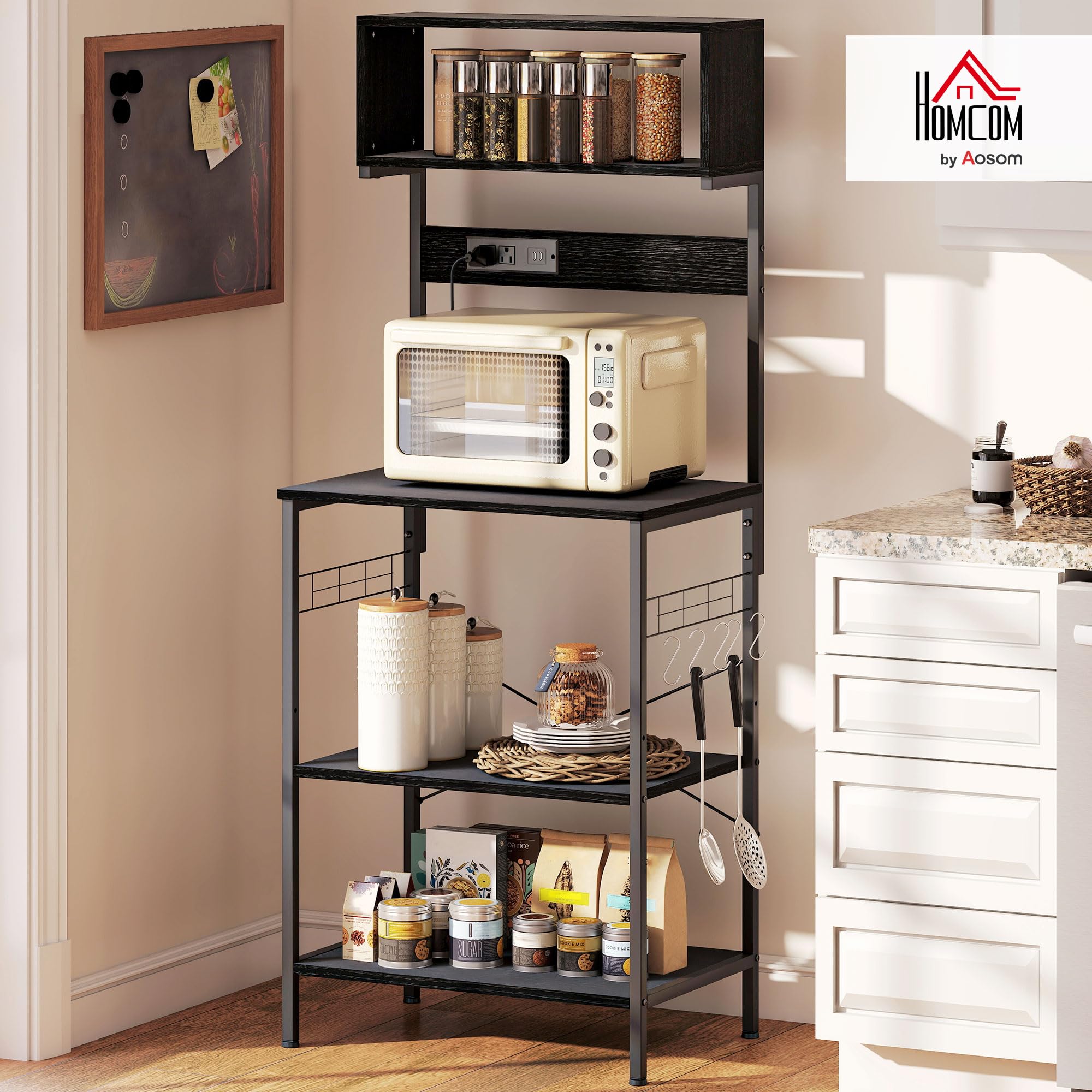 MAHANCRIS Étagère de Cuisine, Support pour Micro-Ondes avec Station de Charge, Meuble à Café avec Porte-Bouteilles et Crochets, Rangement avec 2 Prises, Marron Rustique et Noir ABRHR23UE01