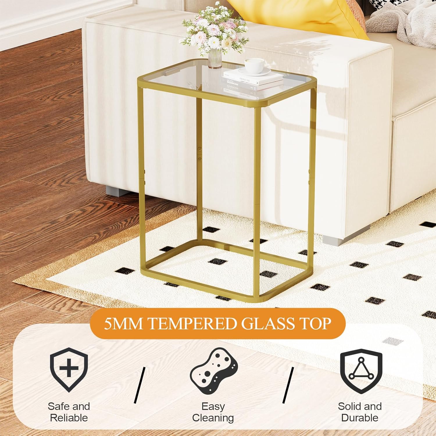 Garden 4 you Glass Side Table, Rectangle End Table with Metal Frame, Modern Bedside Table for Office, Bedroom, Living Room, Study, Small Spaces, Easy Assembly, 15.75 * 11.81 * 20.87 Inches, Gold