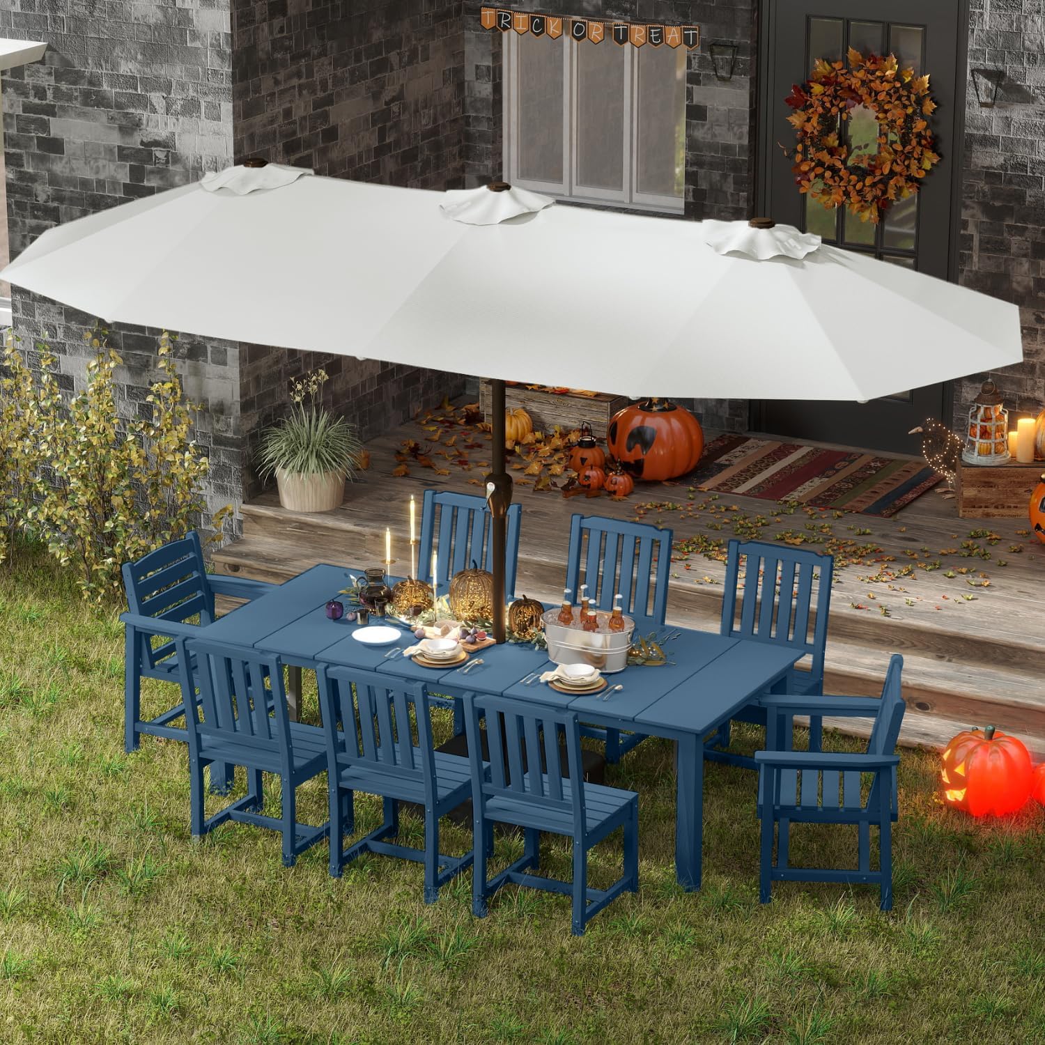 9-Piece Outdoor Dining Set for 8, 75.2'' HDPE Table with Umbrella Hole & Chairs, Weather-Resistant Patio Furniture for Lawn, Yard, Balcony, Deck (Brown)