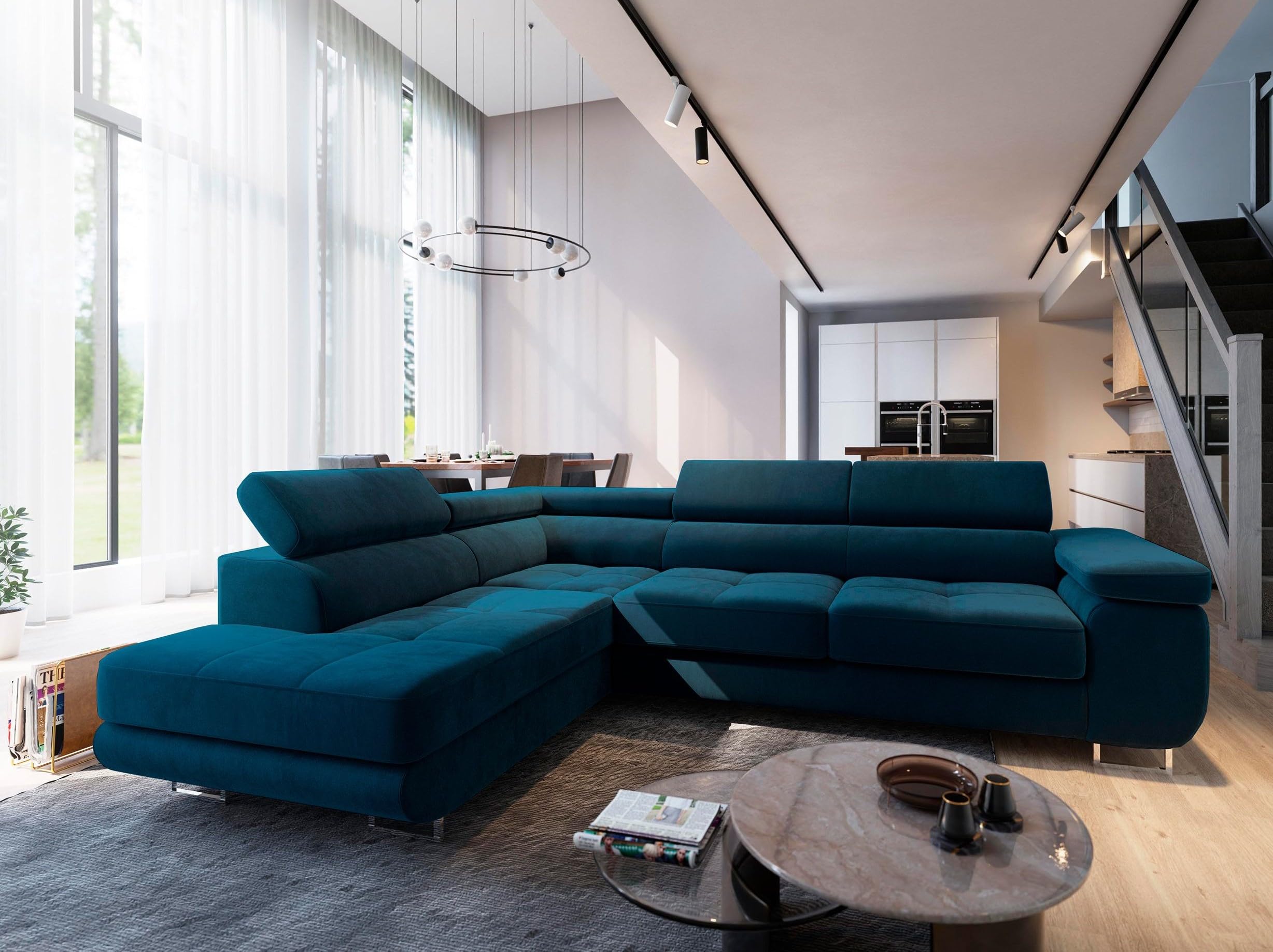 Masseno Canapé d'angle Selva L-S avec Fonction Couchage Forme en L, Glamour, avec Coffre de Rangement, Ensemble canapé de Salon - Bleu