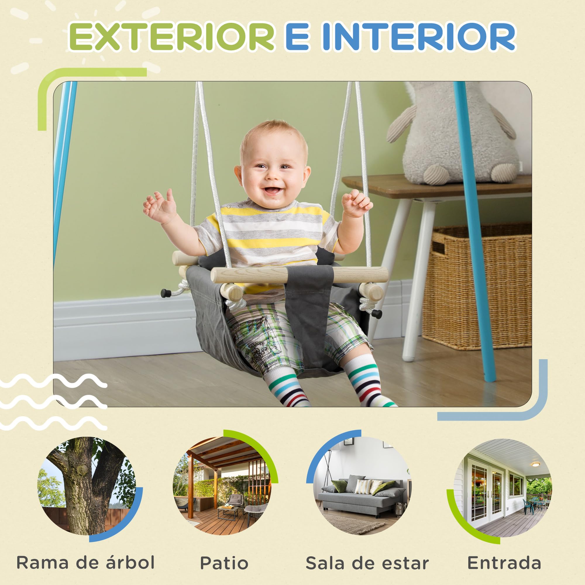 AIYAPLAY Columpio para Bebés 9-36 Meses 40x40x110-180 cm Gris Oscuro | Columpio Infantil, Asiento Acolchado, Cuerdas Ajustables, Carga 70 kg, para Interiores y Exteriores