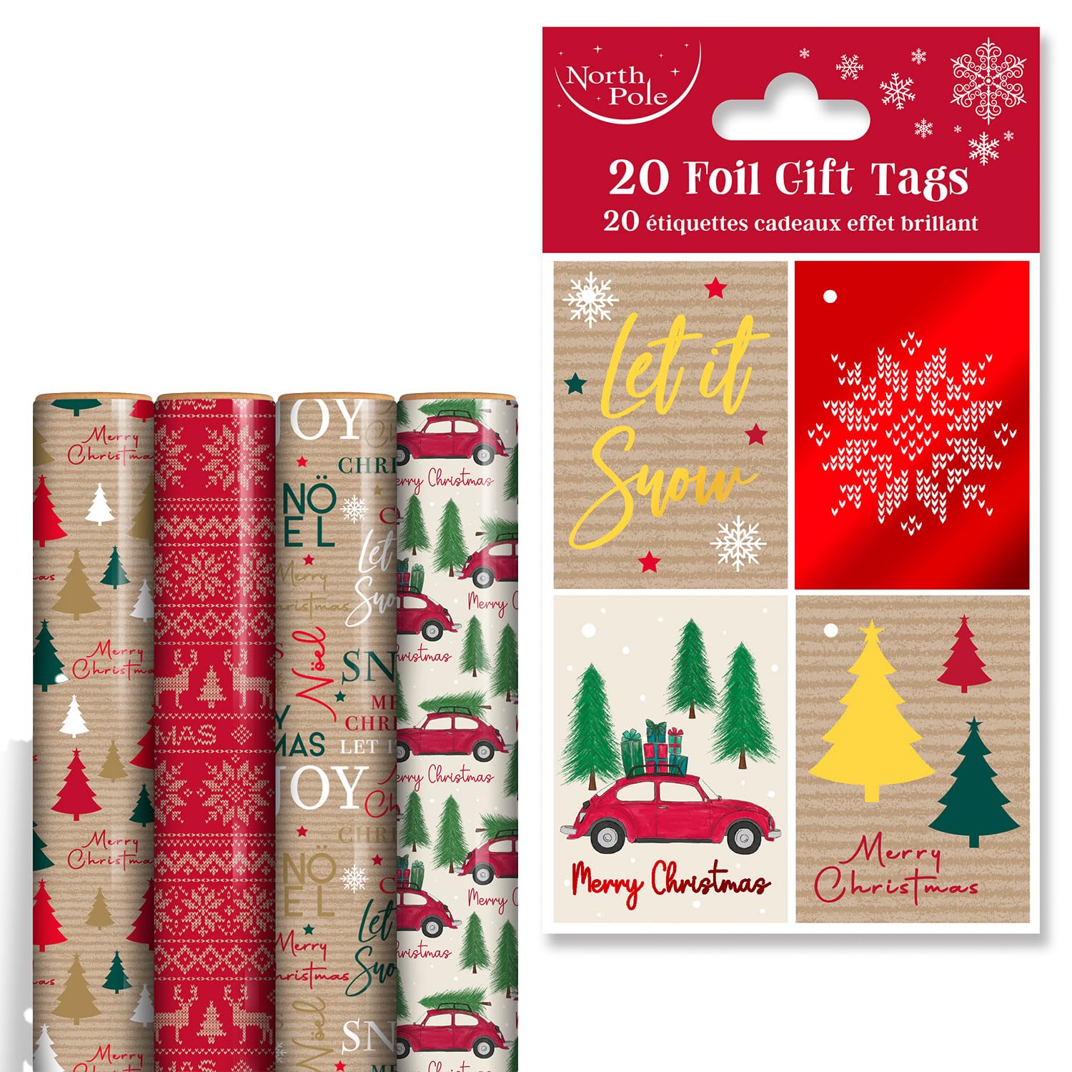 Eurowrap Christmas Wrapping Paper & Foil Gift Tags Bundle – 4 x 4m Rolls of Festive Kraft & Red Wrap with Matching 20 Foil Tags – Xmas Trees, Snowflakes, Car & Let It Snow Designs