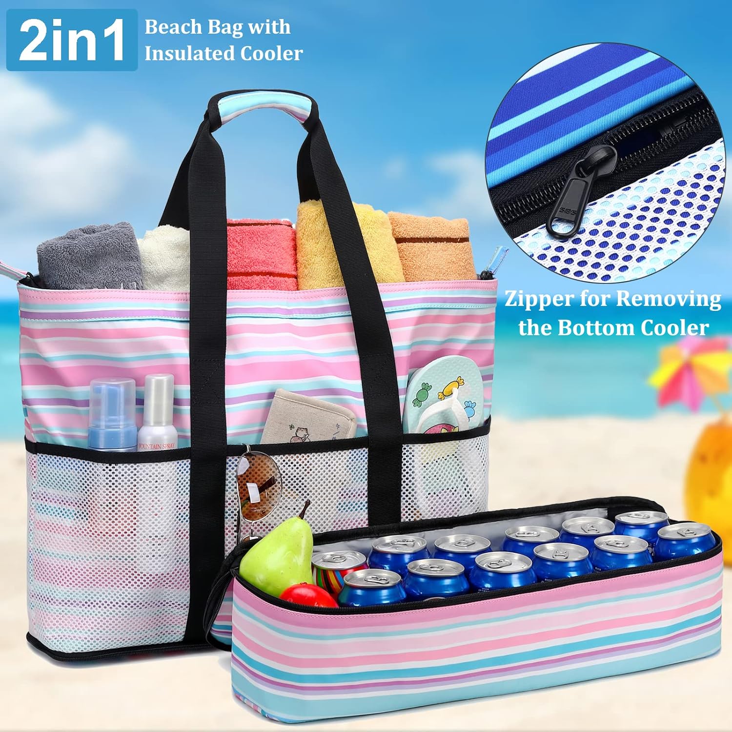 JIANYA Beach Bag Women Waterproof Sandproof Beach Tote Bags with Cooler Top Zipper Large Totes for Pool Travel Daily - Image 2
