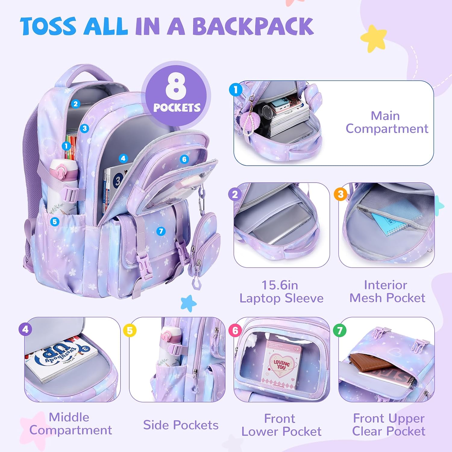 Girls Backpack, Kawaii Kids Backpacks for Girls Multiple Pockets School Bookbag for Primary Elementary School