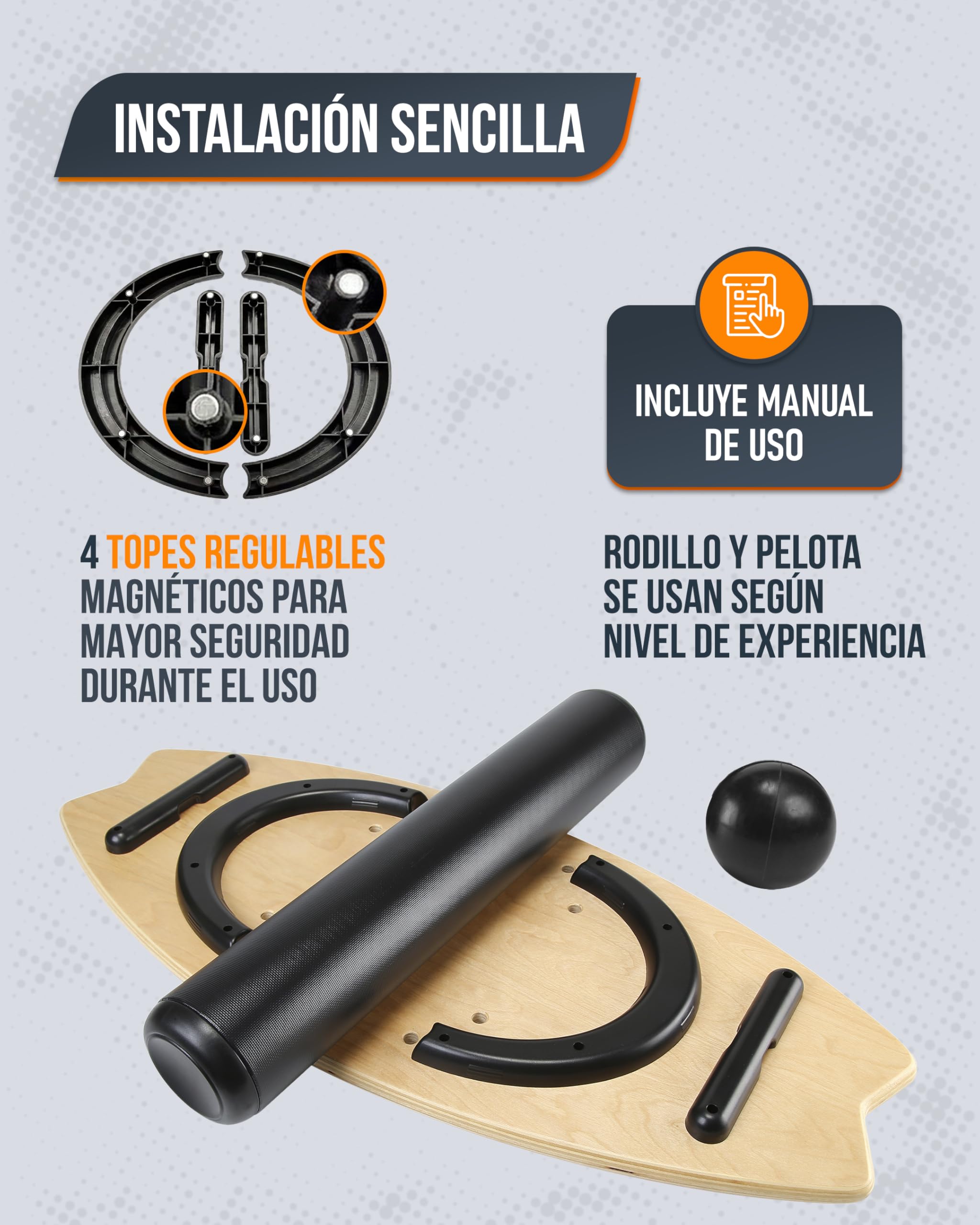 unycos - Tabla de Equilibrio Multifunción de Madera 80 x 35 cm con Rodillo y Pelota, Balance Board Antideslizante con 7 Modos y Topes Magnéticos, hasta 200 kg, para Core, Coordinación y Fitness