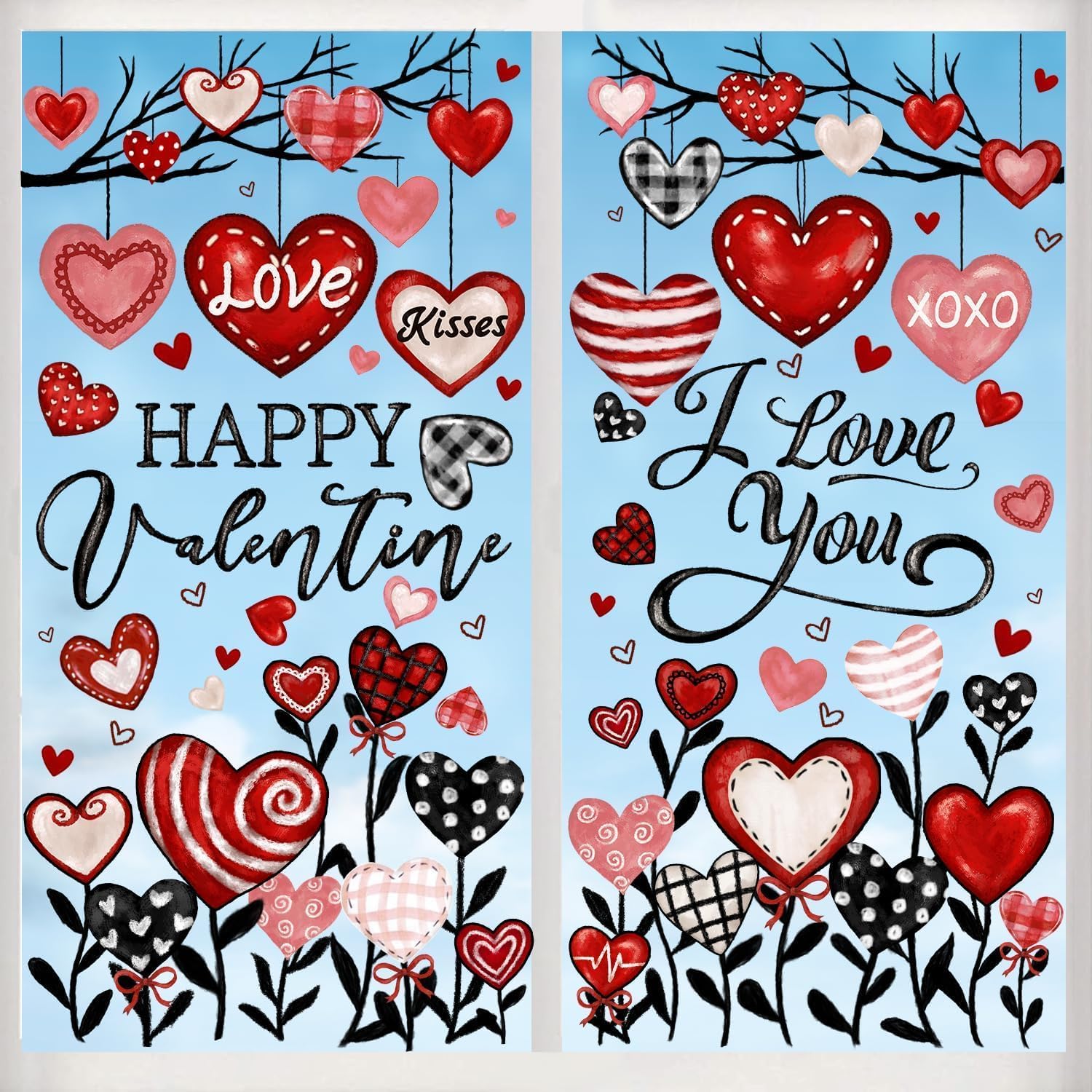 6 Sheets Valentine's Day Window Clings Stickers, Oil Painting Red Black Pink Heart Window Decals Happy Valentine Stickers for Wedding Party Home Office Glass Window Decorations