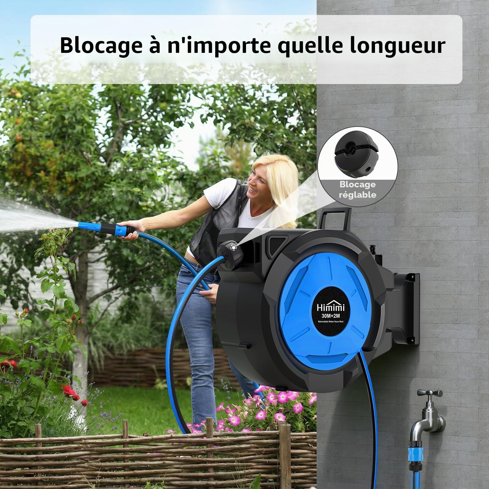 Himimi Enrouleur de Tuyau d’Arrosage Mural Rétractable 30 m + 2 m, Dévidoir Automatique 1/2 Pouce avec Rembobinage Lent, Verrouillage à Toute Longueur, Support Pivotant 180°, pour Jardin et Terrasse