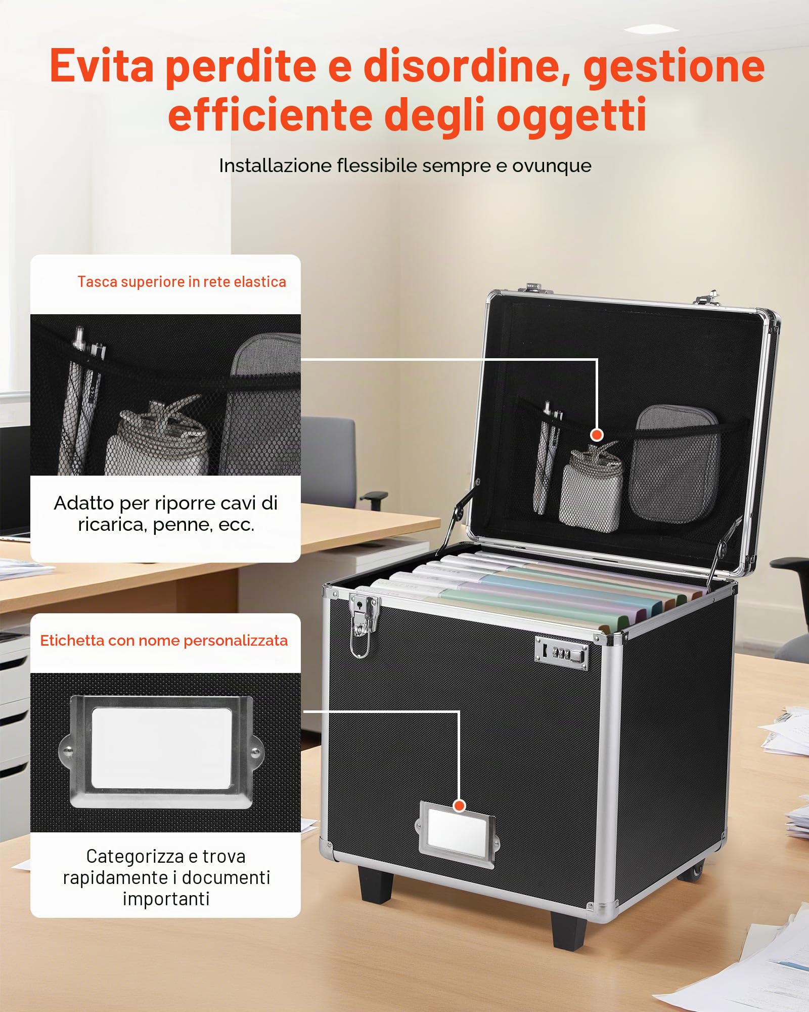 VEVOR Valigetta Portadocumenti con Ruote 39,6 x 32 x 38,1 cm Custodia Portadocumenti Portatile con Serratura Manico Telescopico, Scatola per Documenti per Ufficio, Viaggi di lavoro, Traslochi