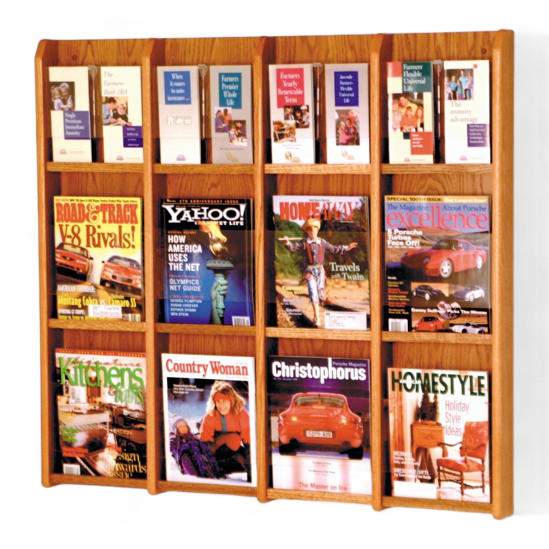 Wooden Mallet 12-Magazine/24-Brochure Divulge Wall Display with Brochure Inserts, Medium Oak