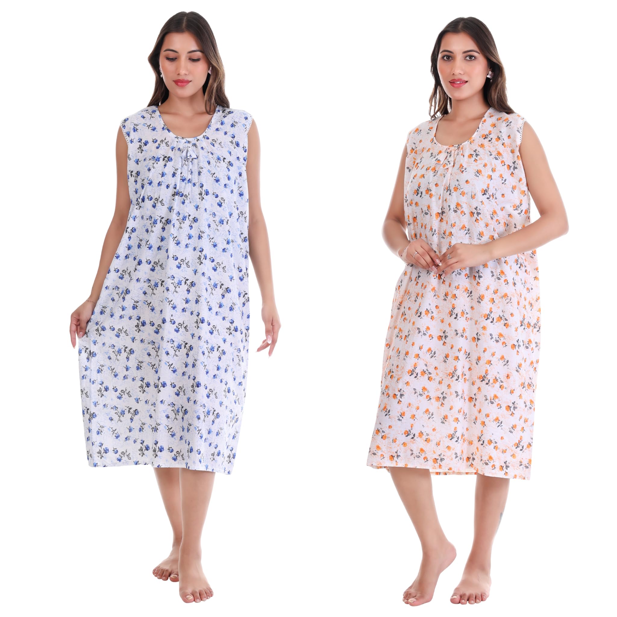 Pack of 2 Women Pure Cotton Short Nighty | Soft Breathable Printed Nightwear Midi | Knee Length 38 Inch | Sleeveless Comfortable Night Dress | Daily Sleepwear | Size L-XXL