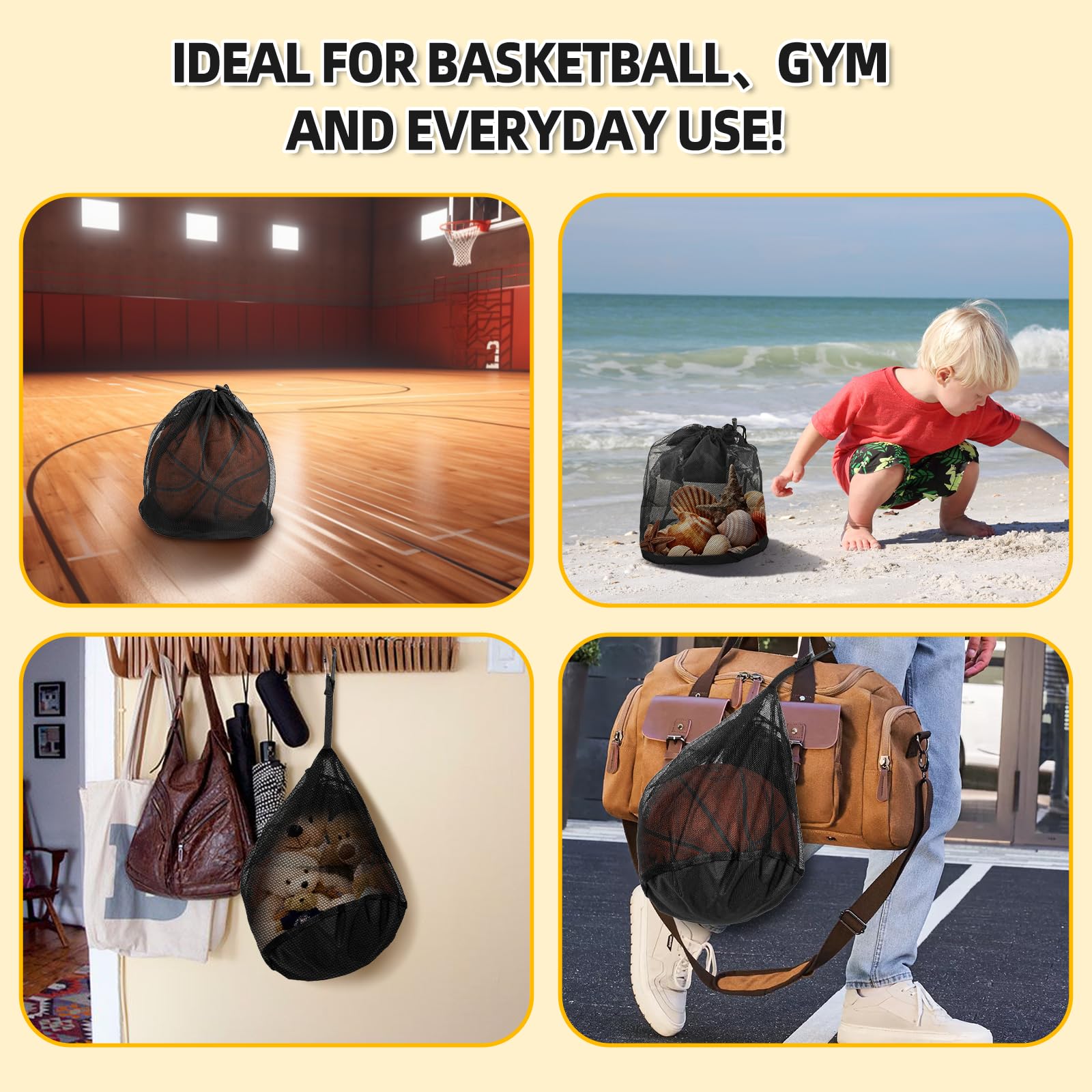 Windfromort Sacs Basketball 16L - Sac Ballon de Basket - Filet Pliable avec Poche Zippée et Mousqueton - Sac de Transport pour Basketball, Football
