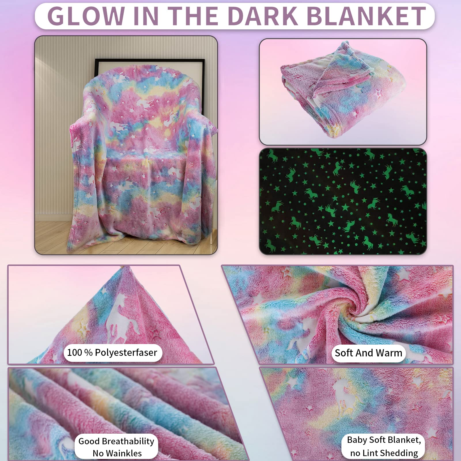HSGLGNA Coperta per bambini, con unicorno, luce al buio, idea regalo per ragazze, super morbida e calda, coperta da letto, con unicorno, colore: rosa