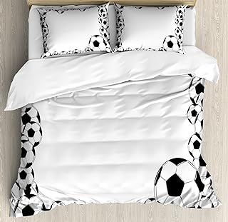 Ambesonne Soccer Duvet Cover Set, Monochrome Football Frame Pattern Abstract Illustration Playing Sports Game, Decorative 3 Piece Bedding Set with 2 Pillow Shams, Queen Size, Charcoal White