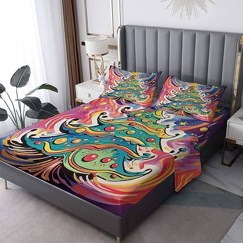 Juego de sábanas tamaño Queen para árbol de Navidad, sábanas de microfibra suave, bolsillo profundo, sábanas y fundas de almohada estampadas sin