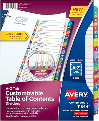 Miniatura 10 de Avery Divisores A-Z para carpetas de 3 anillas, 26 pestañas por juego, tabla de contenido personalizable, pestañas arqueadas multicolor, ideal para