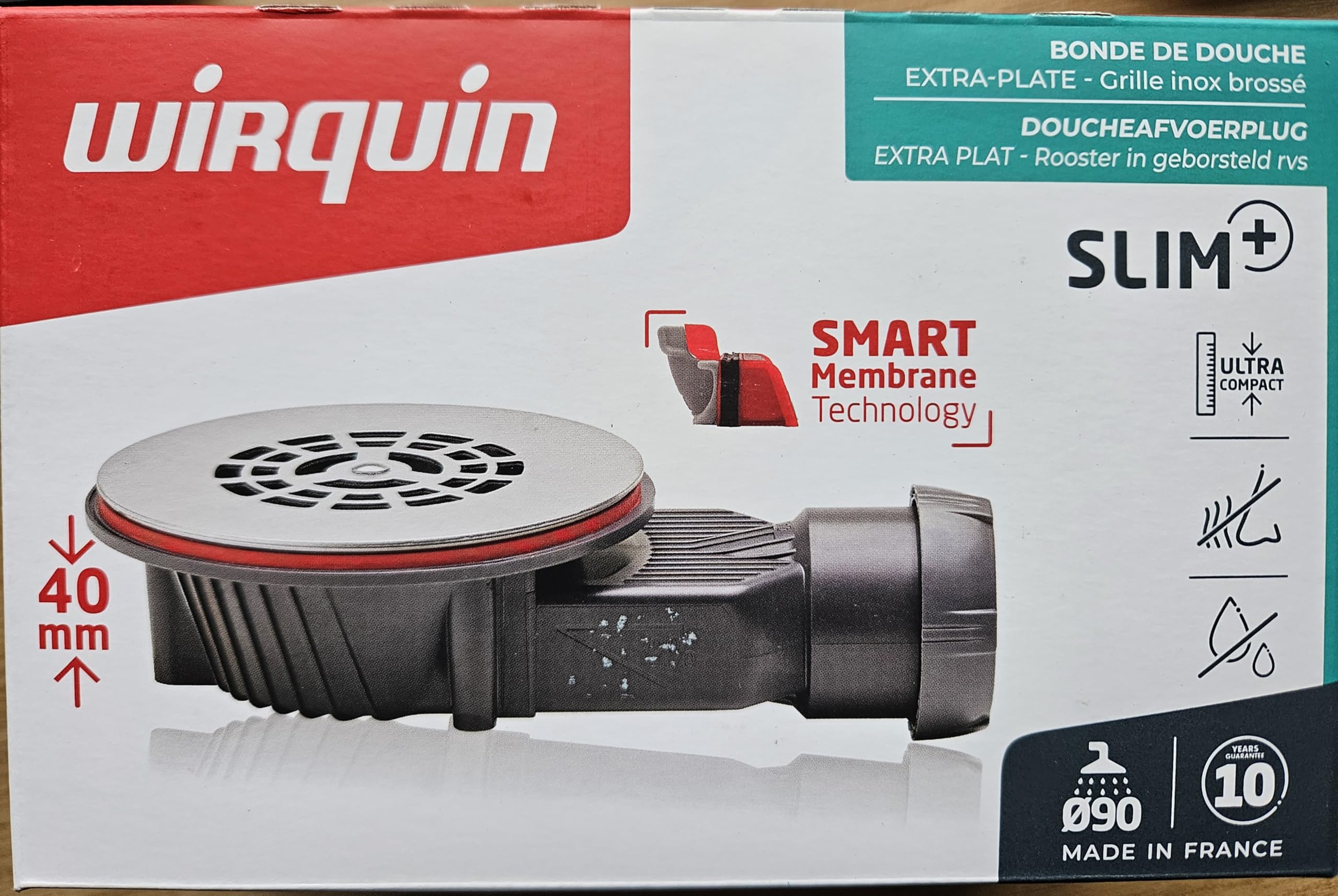Wirquin Slim+ Duschablauf, extraflach, Ø 90 mm, SMART Membran, Gitter, flach, gebürsteter Edelstahl