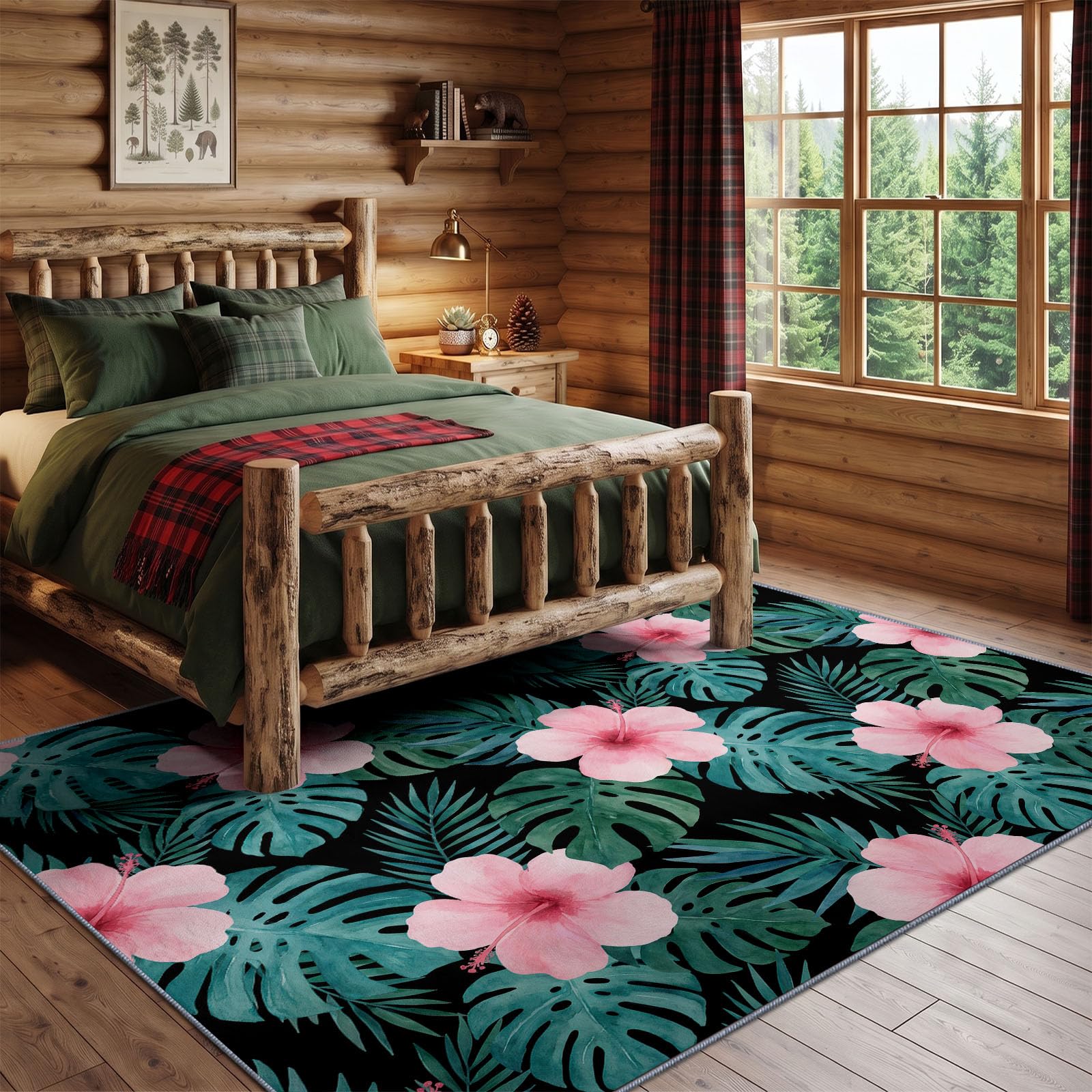 Tapis Lavable Machine Salon 80 x 150 cm, Antidérapant Sol Fleurs Tropicales Poil Bas Doux Feuilles Vertes Tropicales Hibiscus Motif Chambre Cuisine Entrée Salle Détente Décoration Maison, Noir