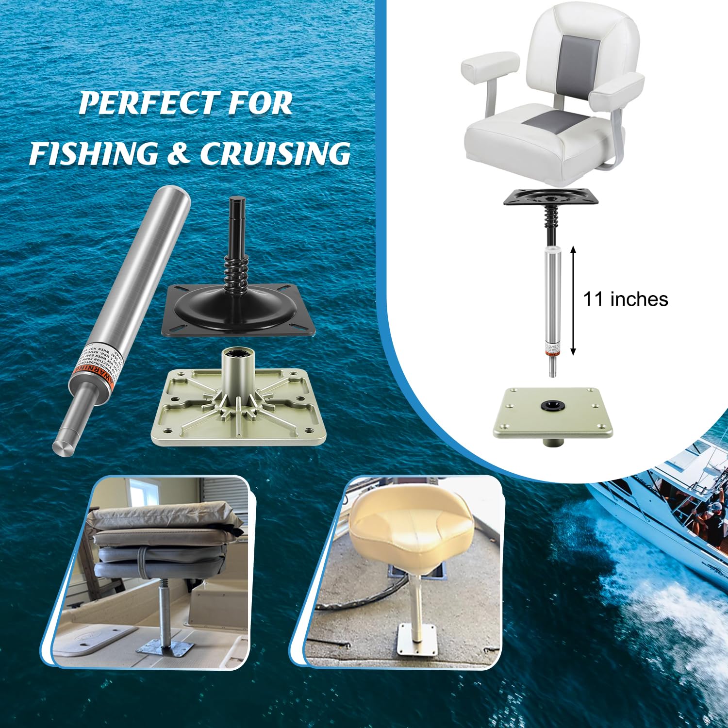 Il kit di montaggio per sedile della barca include Lock'N-Pin 3/4" (1002), SP-2114 perno fisso da 27,9 cm e piastra di base da 17,8 x 17,8 cm | Sistema di piedistallo di grado marino per sedili da