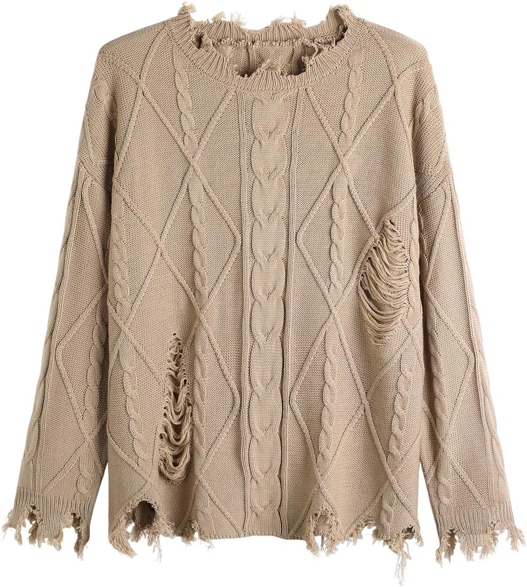 GABERLY Oversized Distressed Cable Knit Sweater Pullover with Frayed Edges Vintage Style Fall Winter Knitwear for Women