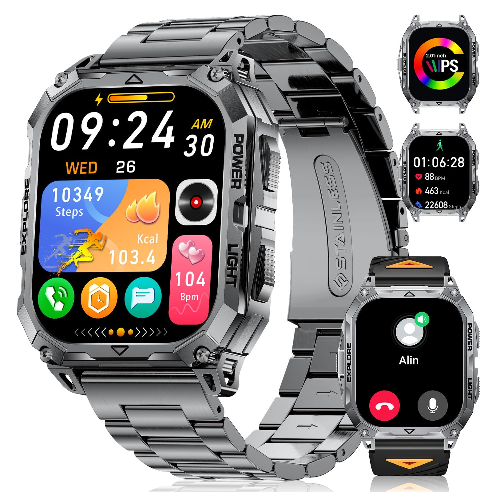 Smartwatch Uomo con Torcia, 2.01" Orologio Smart Watch con Chiamata Bluetooth, Militare Orologio Fitness con 110+ Modalità Sportive, Frequenza Cardiaca/Sonno/IP68 per Android iOS, Nero-arancione