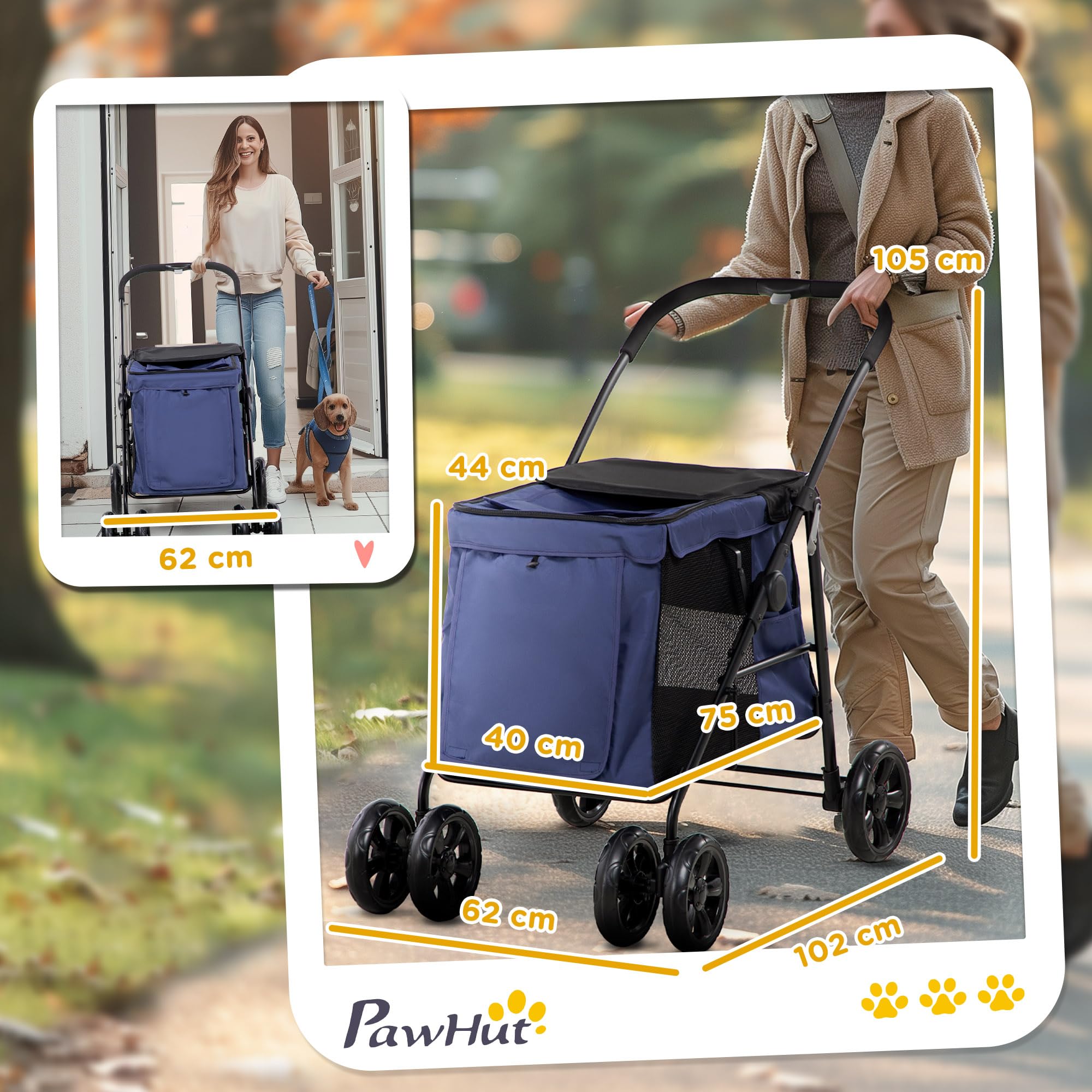 PawHut poussette pour chien, buggy pliable pour chien, trolley pour chien avec coussin, buggy pour chat jusqu'à 20 kg, poussette pour chat pour chiens de petite et moyenne taille avec poches