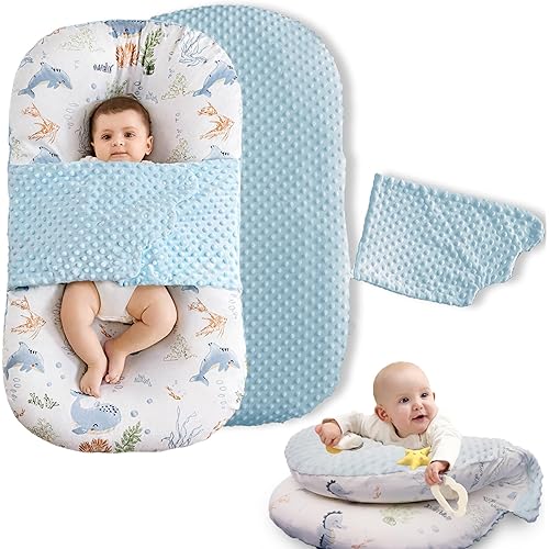 Baby Lounger Pillow, 2-in-1 Infant Lounger Pillow for Newborn 0-24 Months for Tummy Time, 2 Sides Soft & Breathable 100% Cotton Cover, Portable Baby Nest, Newborn Essentials & Gifts for Babies (Blue)