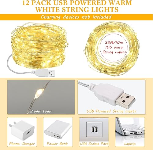 Miniatura 8 de Macarrie Guirnalda de luces USB de 33 pies con 100 luces LED alimentadas para interiores y exteriores, boda, fiesta, árbol, hogar, festival,