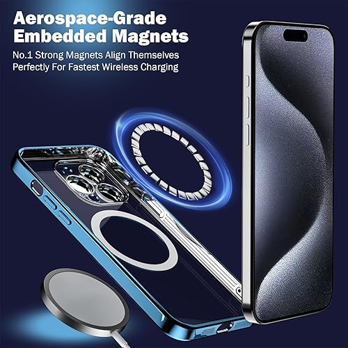 Miniatura 4 de KSWOUS Funda magnética transparente para iPhone 15 Pro compatible con MagSafe protección completa del lente de la cámara chapado de lujo para