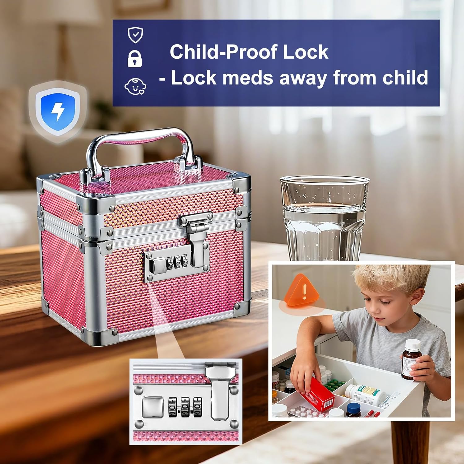 Adazzo Medicine Lock Box with 3-Digit Combination Lock – Pink Lockable Storage Box for Medication, Small Lock Box for Valuables, 7" Locking Medicine Box, Lock Box for Home Travel Dorm