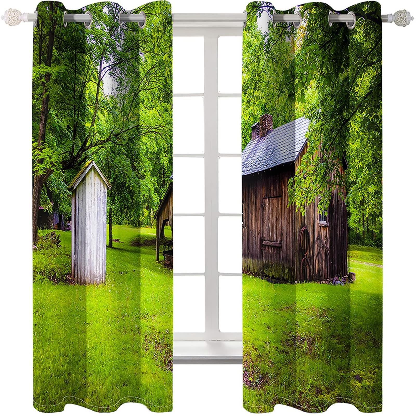 Vorhänge mit Ösen 2er Set, Gardinen Blickdicht Landschaftshaus und Bäume H 214 x B 86 cm Abdunkelnde Verdunklungsvorhänge für Wohnzimmer