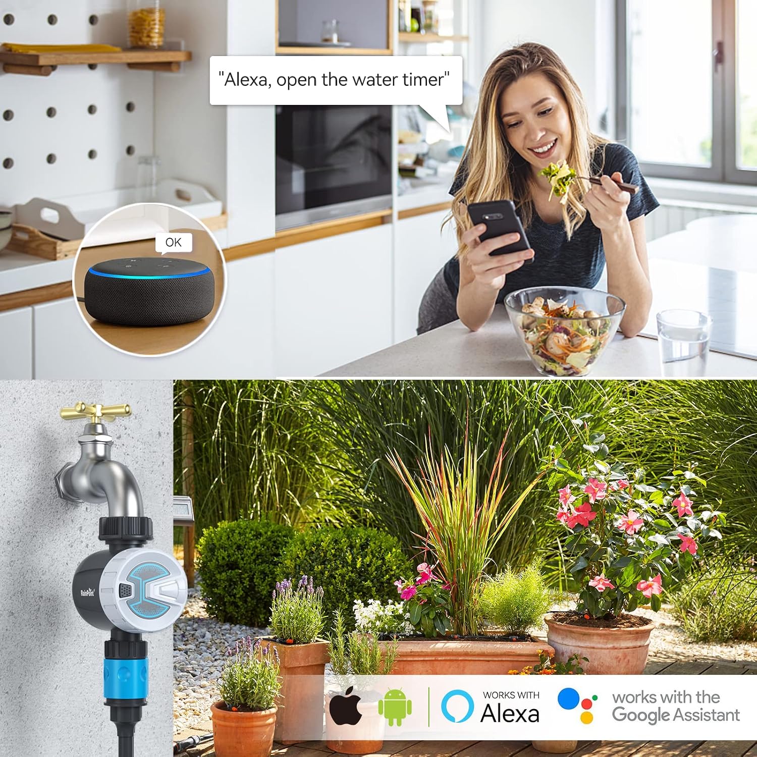 RAINPOINT Sprinkler Timer WiFi Water Timer, Smart Wireless Hose Faucet Timer for Garden, Automatic Irrigation System Controller, APP Remote Control via 2.4Ghz WiFi or Bluetooth, for Outdoor Yard, Lawn