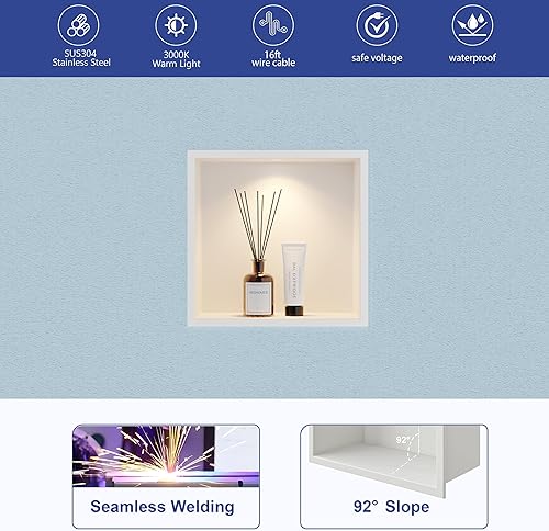 Miniatura 18 de Neodrain Nicho de pared con luz LED no regulable, nicho inoxidable negro mate, no necesita azulejos, nicho de ducha de 24 x 12 pulgadas, cubito Mate