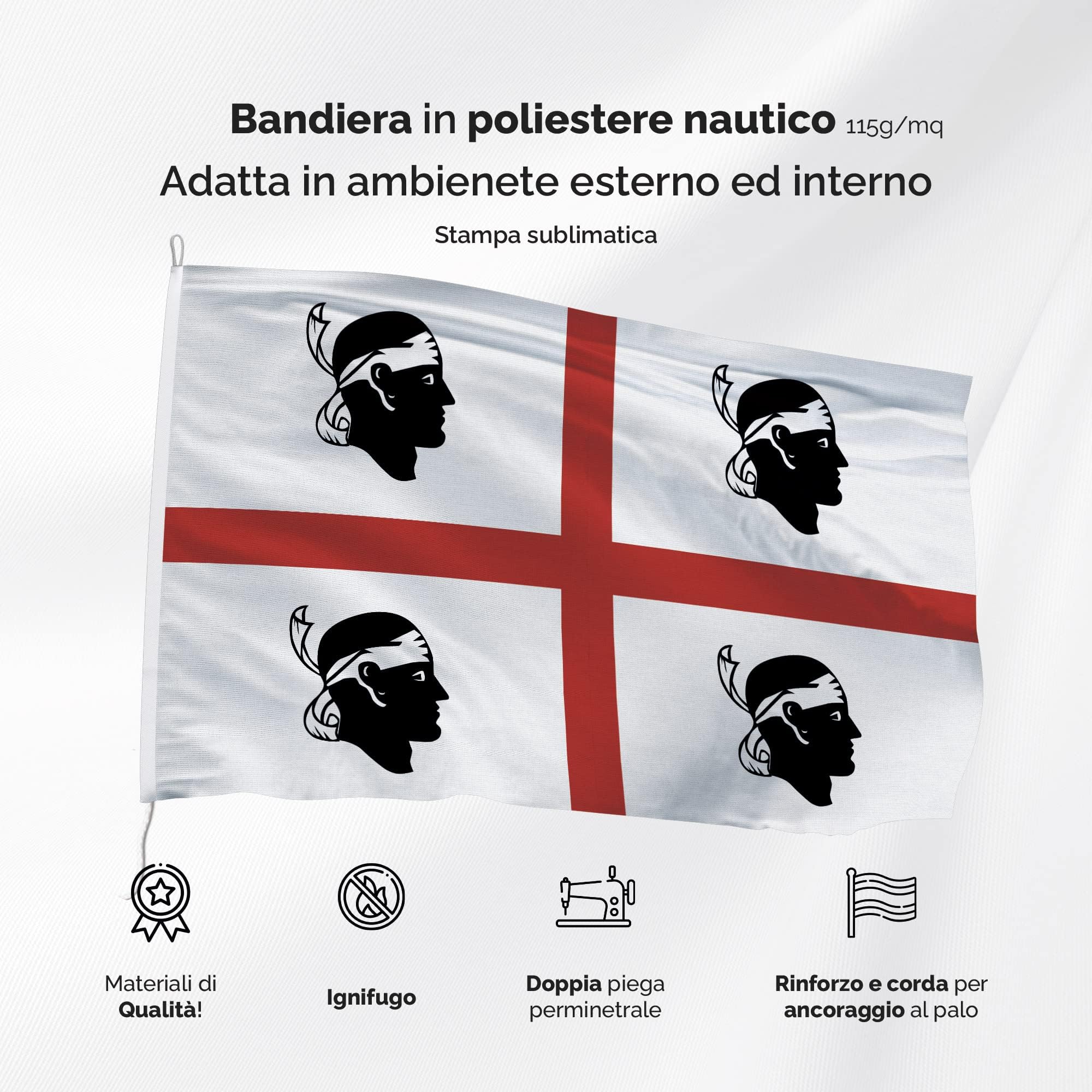 Bandiera Sardegna 200x300 cm in Poliestere Nautico Ignifugo 115 g/mq per Uso Interno ed Esterno con Finiture Professionali, Doppie Cuciture, Corda e Guaina, Colori Brillanti e Duraturi