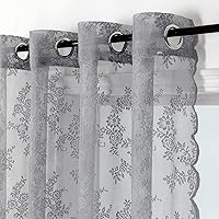 Vista 4 de Lotusolution Cortinas traslúcidas de encaje gris para dormitorio, 55 x 54 pulgadas, paneles de cortina de encaje con rosas florales francesas