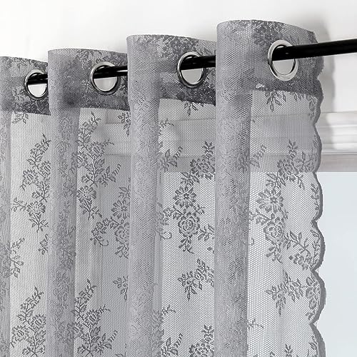 Miniatura 4 de Lotusolution Cortinas traslúcidas de encaje gris para dormitorio, 55 x 54 pulgadas, paneles de cortina de encaje con rosas florales francesas